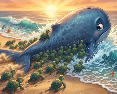 Cute cartoon whale on a sandy beach helping baby sea turtles reach the ocean at sunset.