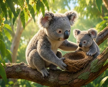 A mother koala and baby joey sit on a eucalyptus branch near a bird nest in a sunny forest.