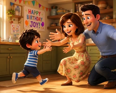 Animated happy family celebrating a child's birthday in a sunny kitchen with balloons and banners.