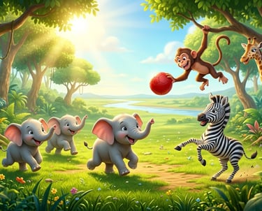 Cute jungle animals including elephants, a zebra, and a giraffe playing with a ball in a sunny forest.
