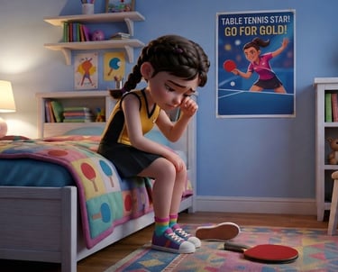 A sad girl crying on her bed in a room filled with table tennis trophies and sports posters.