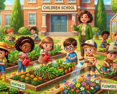 Diverse children gardening and watering vegetables at school with their teacher in an outdoor learning garden.