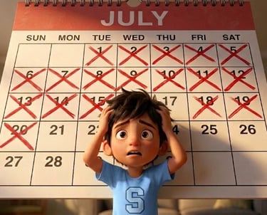 Stressed boy holding his head while looking at a July calendar with days crossed out in red.