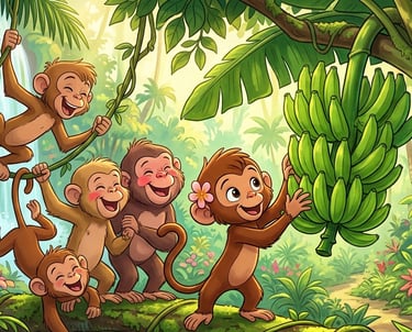 Playful cartoon monkeys gathering a bunch of green bananas in a lush tropical jungle.