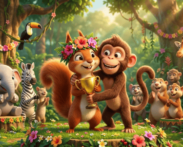 A cute monkey and squirrel holding a gold trophy in a lush jungle with cartoon animals cheering.