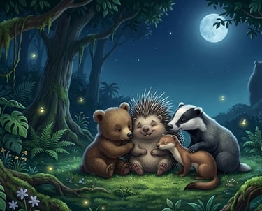 Cute forest animals including a bear cub, porcupine, and badger cuddling in a moonlit woods with fireflies.