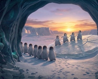 A group of cute baby penguins waddle toward a golden sunset in an icy Antarctic landscape.