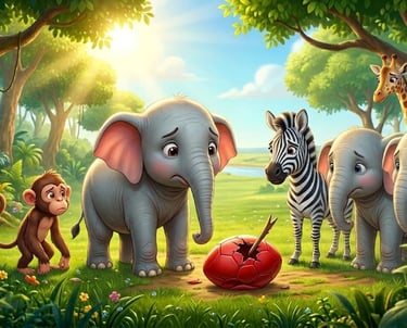 Cute cartoon animals like elephants, a zebra, and a monkey look sadly at a cracked red egg in a sunny jungle.