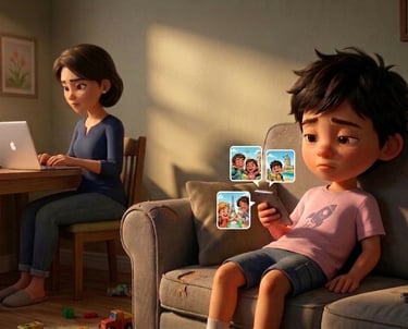 Sad boy looking at family vacation photos on a phone while his mother works on a laptop.