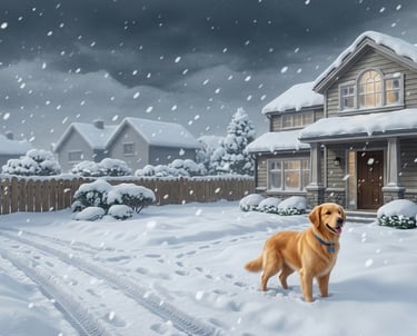A Golden Retriever dog standing in a snowy front yard of a suburban house during a winter storm.