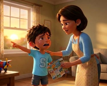 Crying boy pointing while a mother consoles him in a living room, 3D animated style.