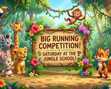 Cute jungle animals gathered around a sign for a big running competition at the jungle school.