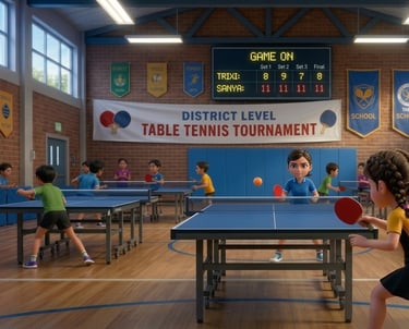 Children competing in a district level table tennis tournament inside a school gymnasium.