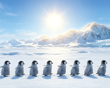A row of fluffy baby emperor penguins walking across an Antarctic ice field under a bright sun.