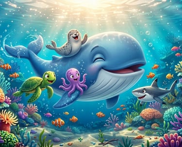 Cute cartoon sea creatures including a whale, turtle, and octopus swimming in a vibrant coral reef.