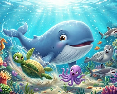 A cute cartoon blue whale swimming with a sea turtle, octopus, and sharks in a colorful coral reef.