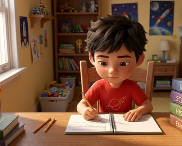 Young boy studying at a desk with school textbooks and pencils in a bright bedroom.