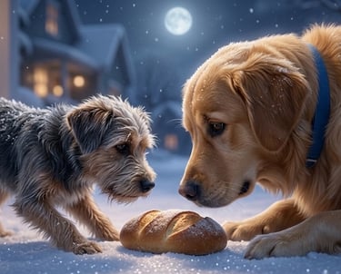 Two dogs sniffing a loaf of bread in the snow at night under a full moon.