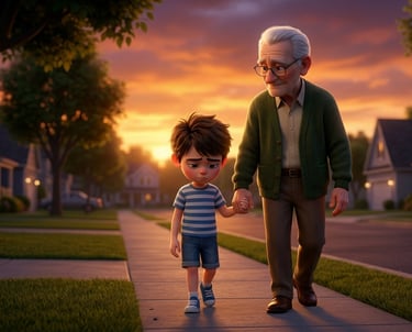 An elderly grandfather and young grandson walking hand-in-hand through a suburban neighborhood at sunset.