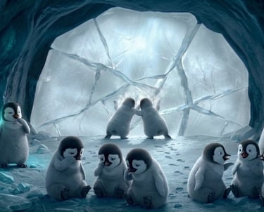 Group of cute animated baby penguins gathered inside a frosty ice cave with glowing blue light.