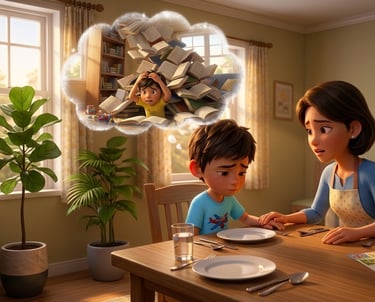 A mother comforts her stressed son who is imagining a pile of overwhelming school books.