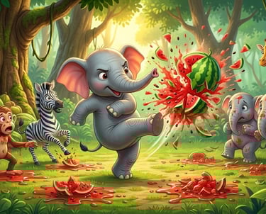 Playful cartoon elephant kicks and explodes a watermelon in a lush jungle with a zebra and monkey.