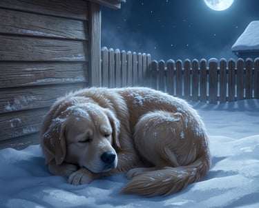 Golden Retriever dog sleeping in the snow outside a wooden cabin under a full moon night sky.