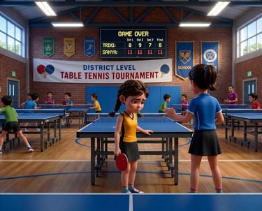 A district level school table tennis tournament with students playing ping pong in a large indoor gymnasium.