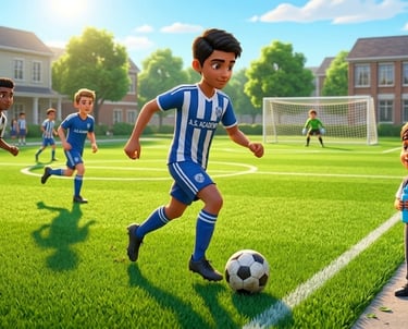 Young boys playing a soccer match at an academy field on a sunny day.