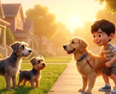 A young boy walking his golden retriever meets two small dogs in a sunny neighborhood.