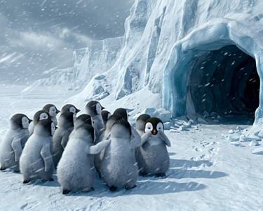 A huddle of fluffy penguin chicks standing in the snow near an icy cave entrance during a blizzard.