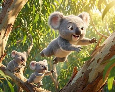 Adorable animated koala bears playing and jumping through sunny eucalyptus tree branches.