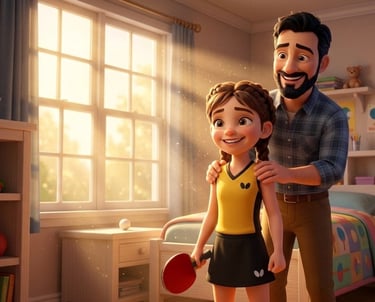 3D animation of a proud father supporting his young daughter wearing a table tennis uniform in a sunny bedroom.