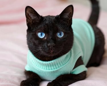 Gato negro con suéter verde