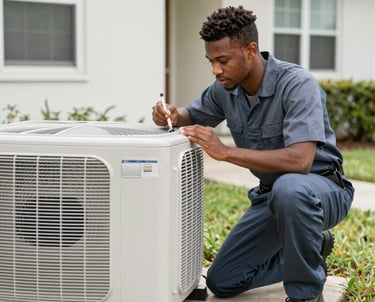 HVAC technician adjusting a sleek, modern thermostat in a stylish South Florida home with soft natural light.