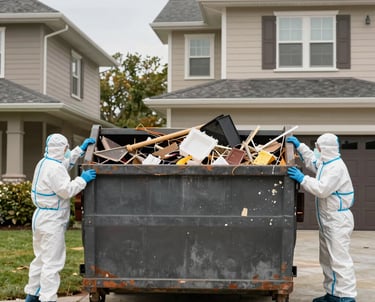 A flooded basement with soaked walls and damaged flooring, showing standing water and debris.