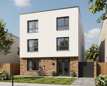 Aerial view of a stylish new housing development surrounded by green spaces and city access.