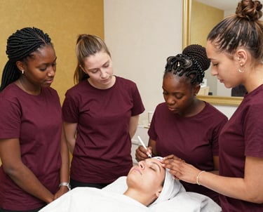 A serene classroom setting with students practicing keratin treatments on mannequins.