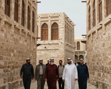 A guided architectural tour group in the alleys of Jeddah's old town, featuring historical stone buildings and wooden windows, Middle Eastern / Saudi Arabian setting.