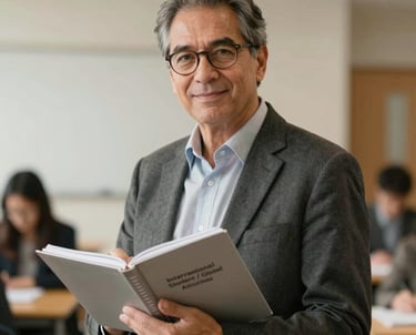 Professional portrait of a mentor holding a silver notebook, professional university setting, warm charcoal and off-white tones, International Student / Global Audience.