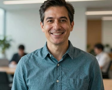 Professional portrait of an advisor in a medium teal shirt, modern office background with soft lighting, approachable and trustworthy expression, International Student / Global Audience.