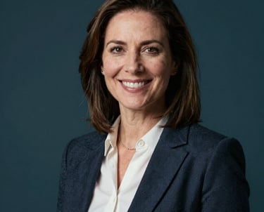 Professional portrait of a smiling female advisor with a dark teal background, sharp focus, professional business attire, International Student / Global Audience.