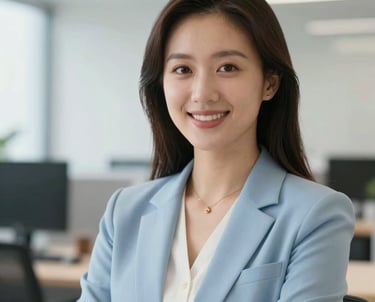 Professional portrait of a specialist in a light blue blazer, clean and bright office environment, sharp focus, International Student / Global Audience.