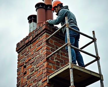 Roofing Specialists Yorkshire. Workman inspecting a damaged chimney