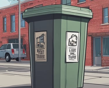 A sparkling clean outdoor bin with fresh greenery around it on a sunny day.