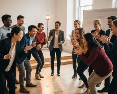 Diverse team of office professionals celebrating and clapping during a collaborative corporate workshop.