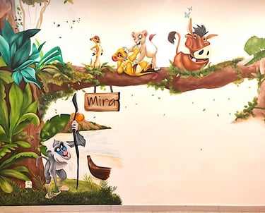 een muurschildering van de Disney film The Lion King voor een babykamer en kinderkamer in België