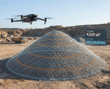 Drone aerial view of earthwork and stockpile material quantities