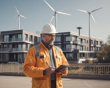 A professional conducting an energy audit in a commercial building with advanced monitoring equipment.