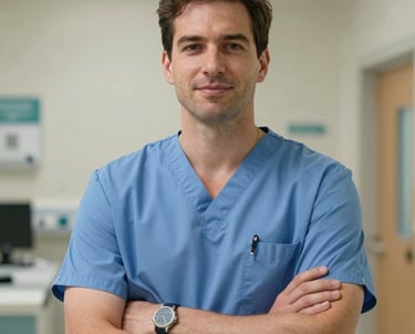 A professional portrait of a male clinician in a North American / US hospital or clinical research setting, appearing helpful and trustworthy in his attire and posture.